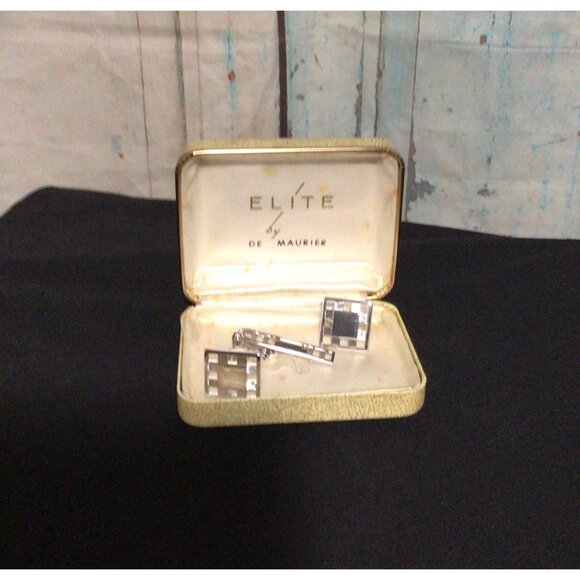 Elite by De Maurier Cufflink and Tie Bar in Silver Tone Metal Original Box - Picture 2 of 6